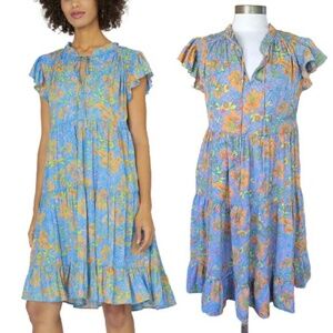 Current Air Blue Multicolor Floral Ruffle Tiered Dress Medium Flutter Sleeve